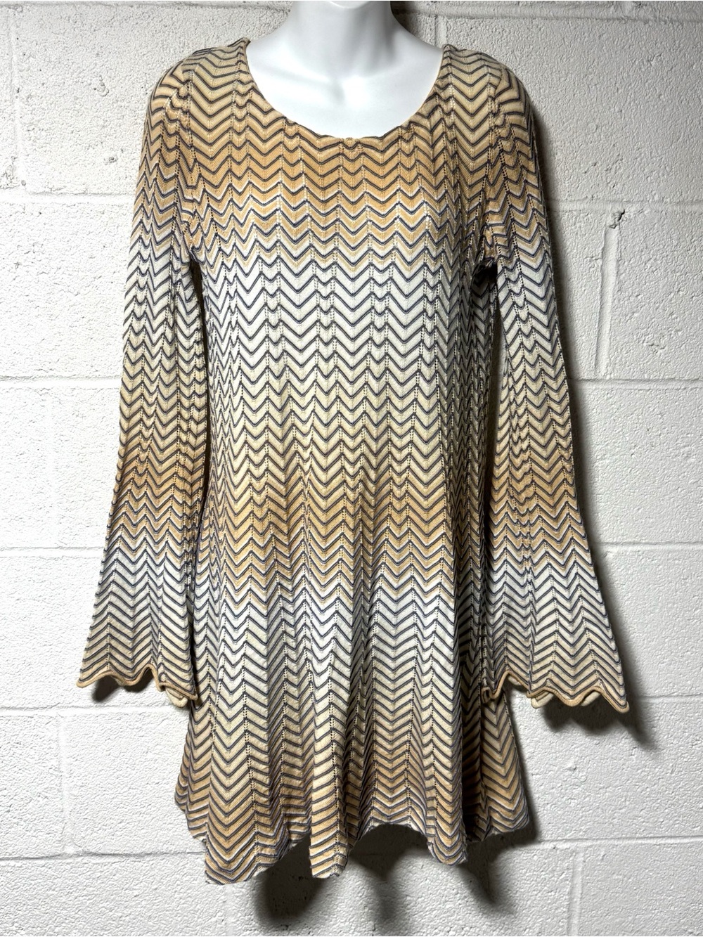 Free People Bella Jumper Long Bell Sleeve Dress Zigzag Stripe Boho Festival